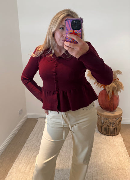 Collared Peplum Cardigan | Deep Wine