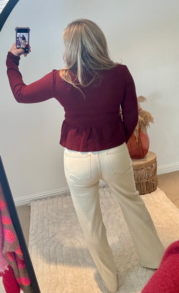 Collared Peplum Cardigan | Deep Wine