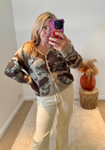 Sequin Detail Camo Design Cardigan | Brown Multi