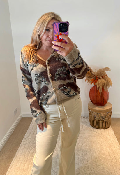 Sequin Detail Camo Design Cardigan | Brown Multi
