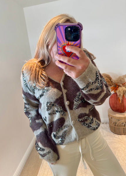 Sequin Detail Camo Design Cardigan | Brown Multi