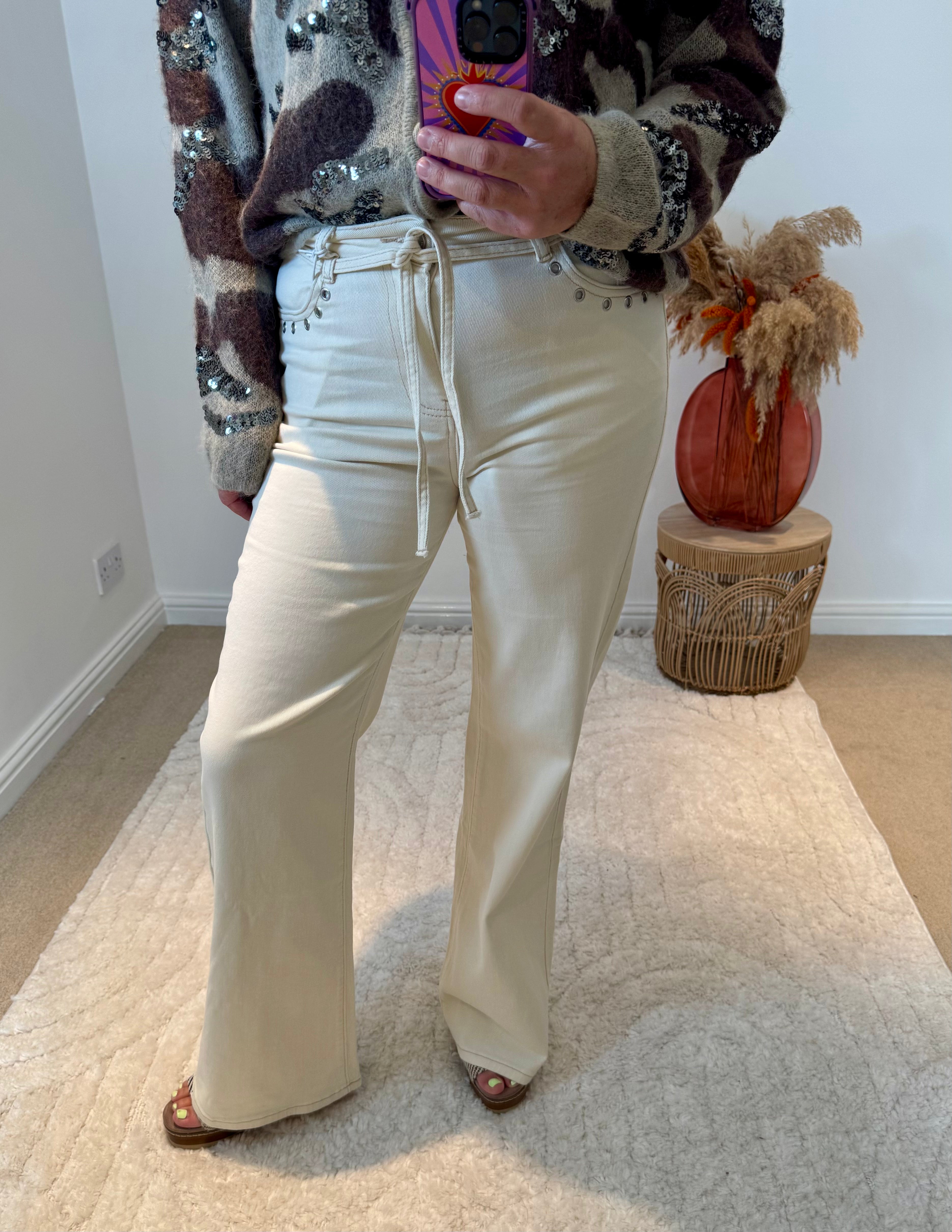 Tie Waist Wide Leg Jeans | Cream