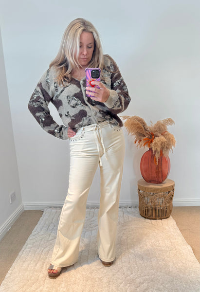 Tie Waist Wide Leg Jeans | Cream