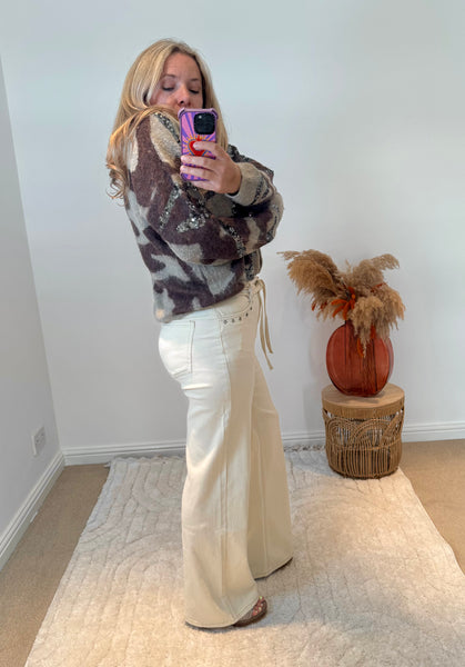 Sequin Detail Camo Design Cardigan | Brown Multi