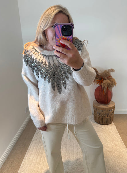 Sequin Feather Detail Jumper | Cream