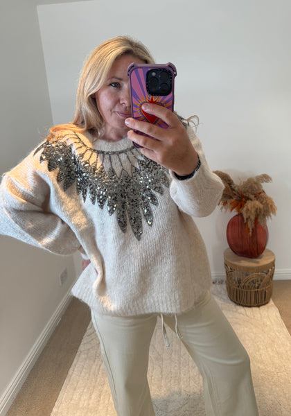 Sequin Feather Detail Jumper | Cream