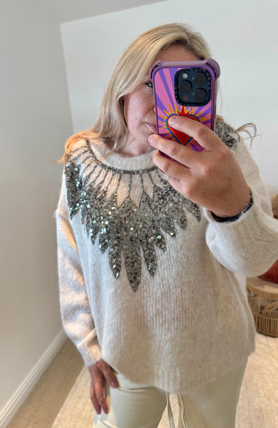Sequin Feather Detail Jumper | Cream