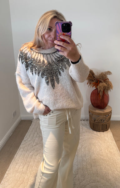 Sequin Feather Detail Jumper | Cream
