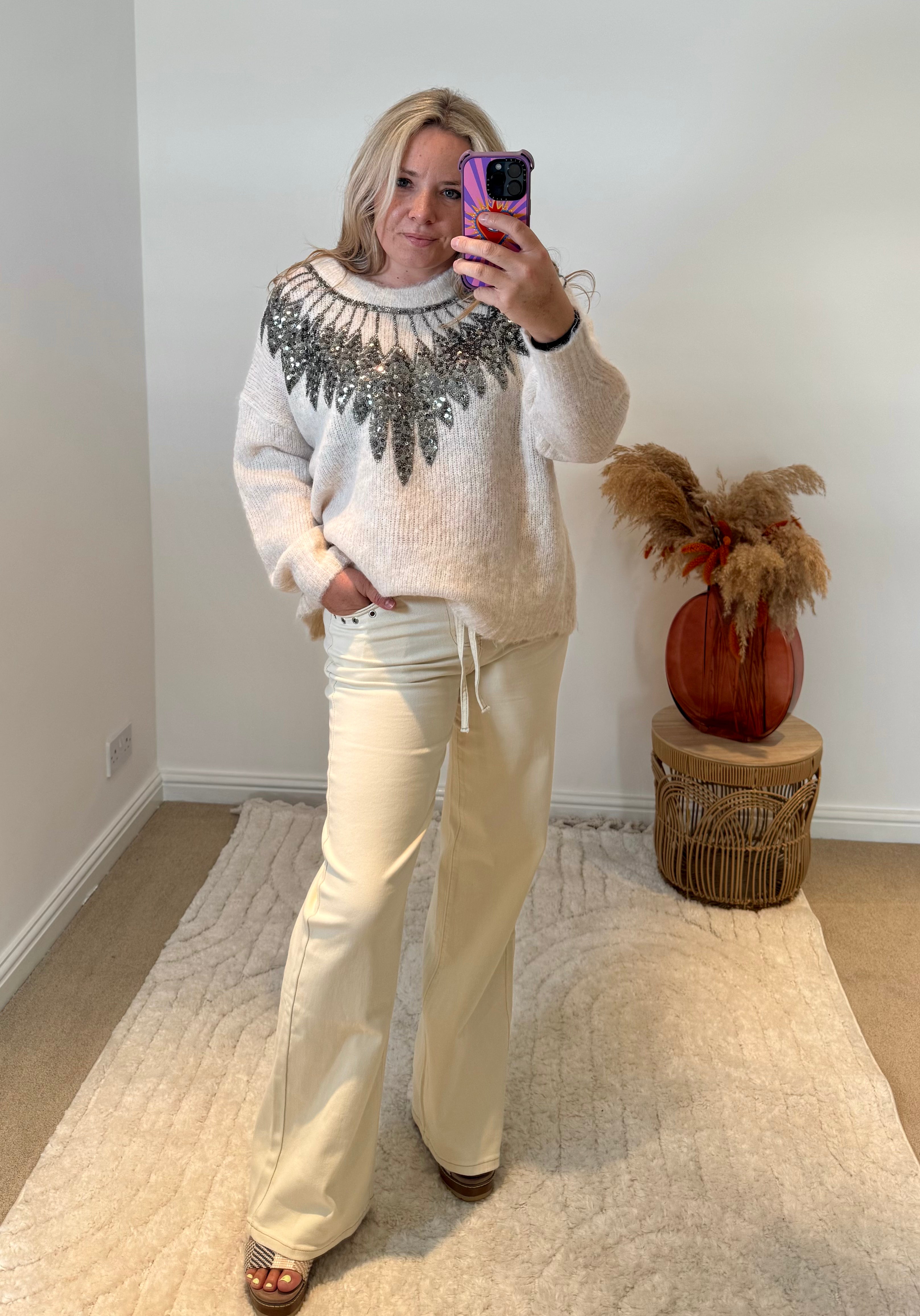 Tie Waist Wide Leg Jeans | Cream