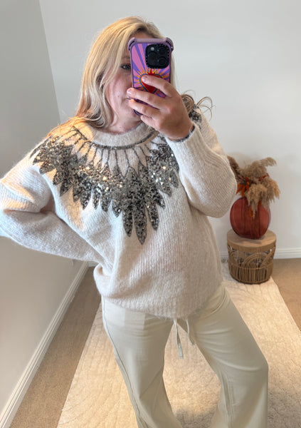 Sequin Feather Detail Jumper | Cream