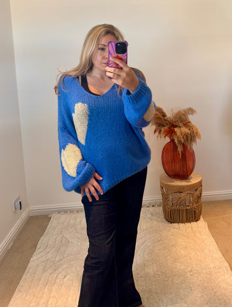 Metallic Heart V-Neck Jumper | Cobalt Blue