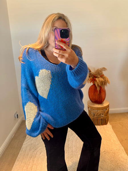 Metallic Heart V-Neck Jumper | Cobalt Blue