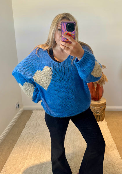 Metallic Heart V-Neck Jumper | Cobalt Blue