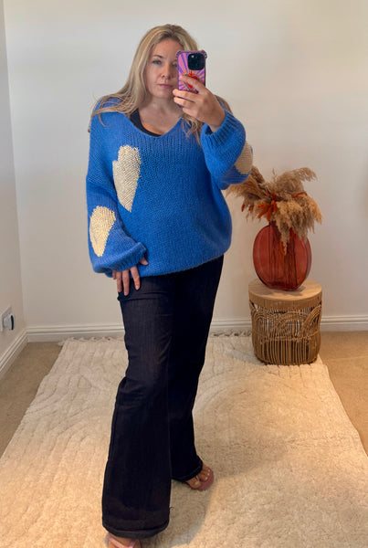 Metallic Heart V-Neck Jumper | Cobalt Blue