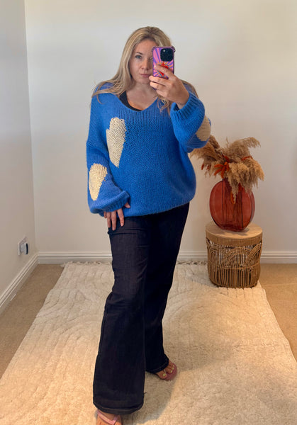 Metallic Heart V-Neck Jumper | Cobalt Blue