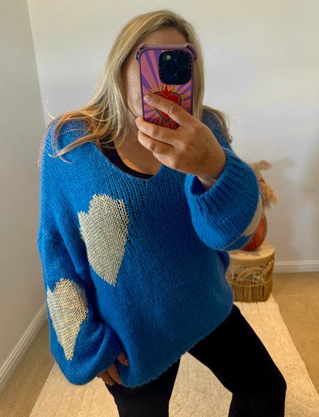 Metallic Heart V-Neck Jumper | Cobalt Blue