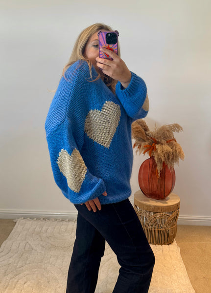 Metallic Heart V-Neck Jumper | Cobalt Blue