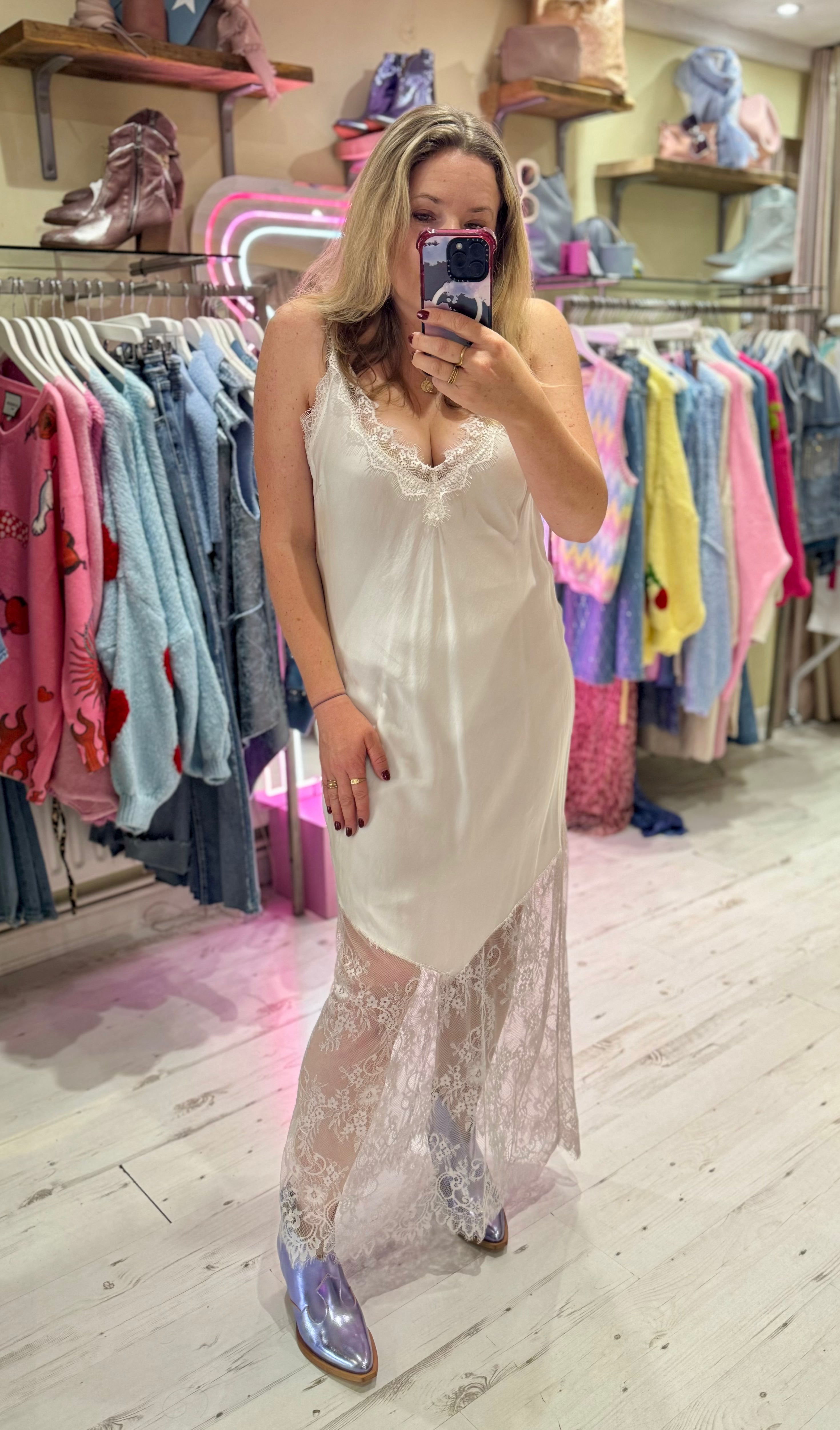 Satin Lace Detail Slip Dress | Off-white