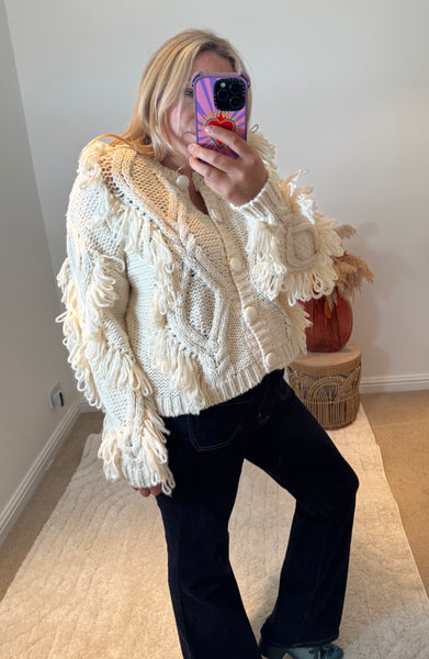 Chunky Knit Shaggy Detail Cardigan | Cream