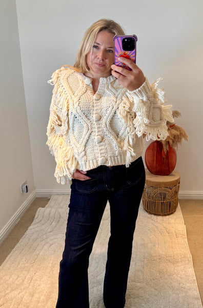 Chunky Knit Shaggy Detail Cardigan | Cream