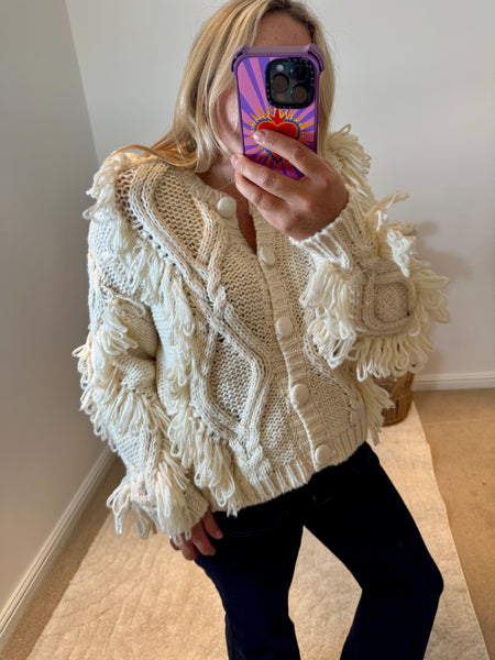 Chunky Knit Shaggy Detail Cardigan | Cream