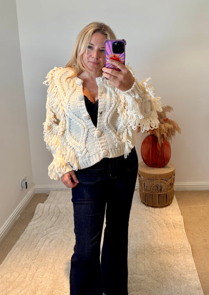 Chunky Knit Shaggy Detail Cardigan | Cream