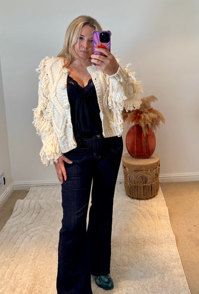 Chunky Knit Shaggy Detail Cardigan | Cream