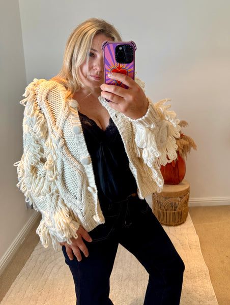 Chunky Knit Shaggy Detail Cardigan | Cream