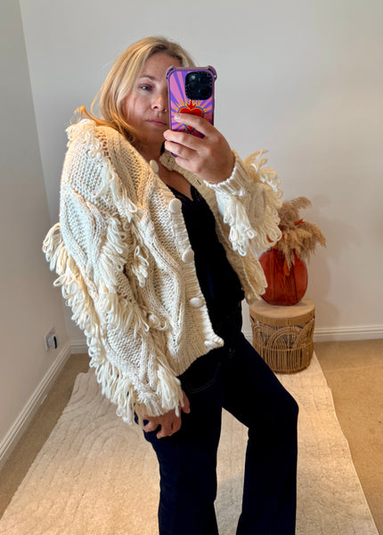 Chunky Knit Shaggy Detail Cardigan | Cream
