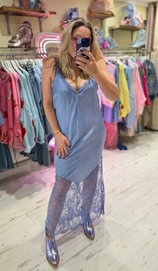Satin Lace Detail Slip Dress | Pastel Blue