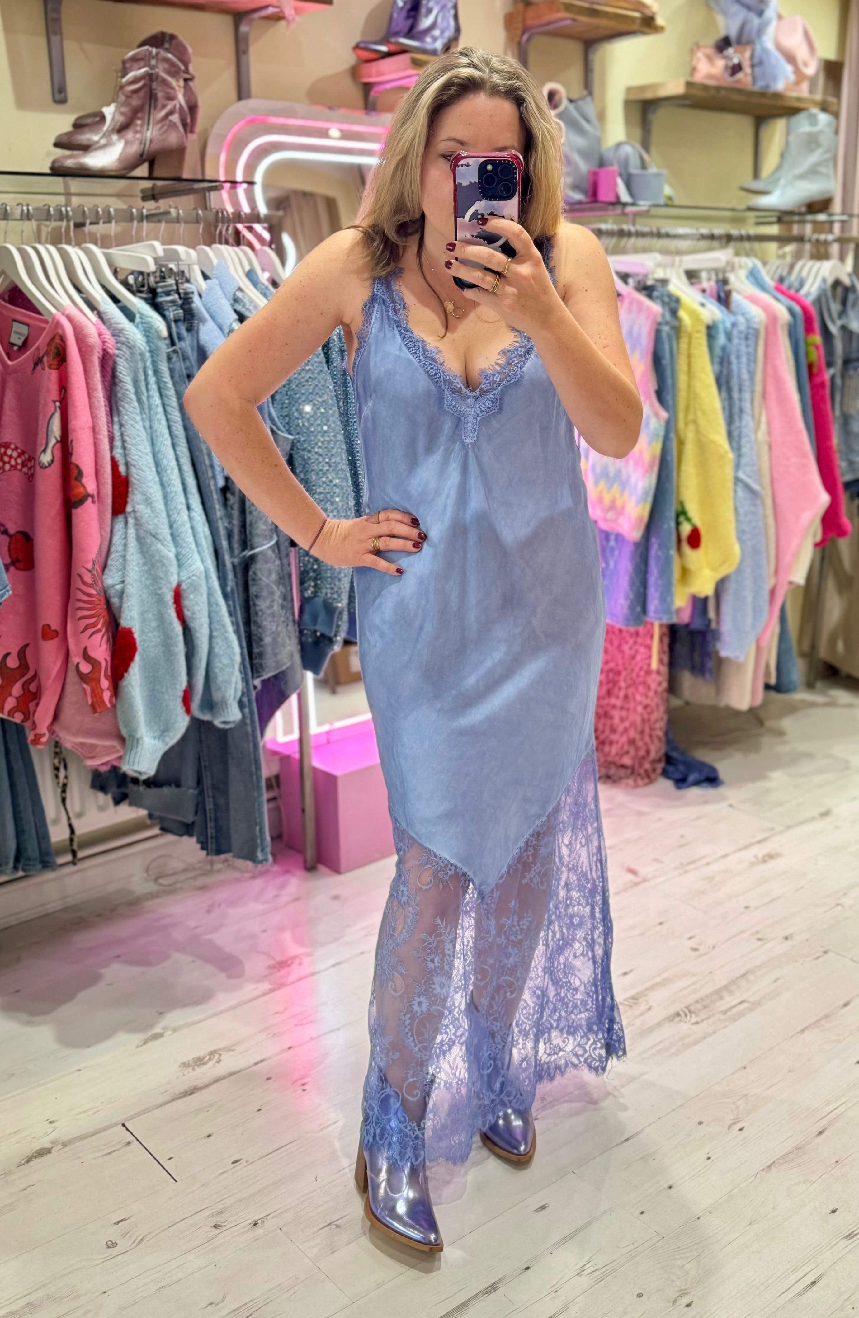 Satin Lace Detail Slip Dress | Pastel Blue