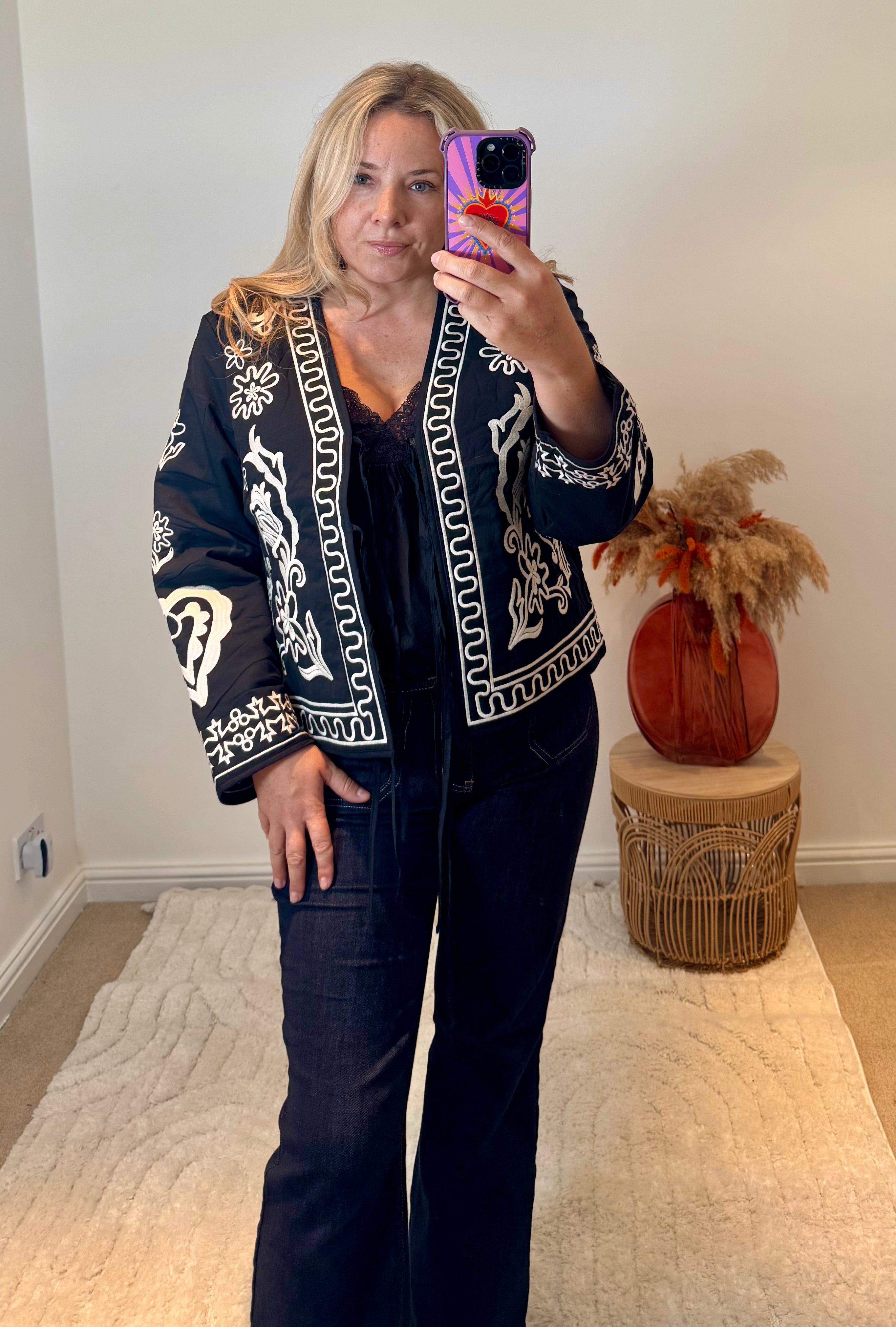 Boho Embroidered Cotton Quilted Tie Jacket | Black