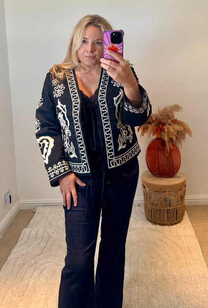 Boho Embroidered Cotton Quilted Tie Jacket | Black