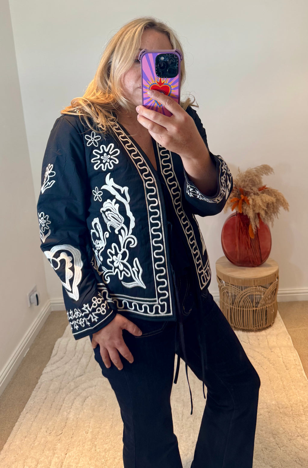 Boho Embroidered Cotton Quilted Tie Jacket | Black