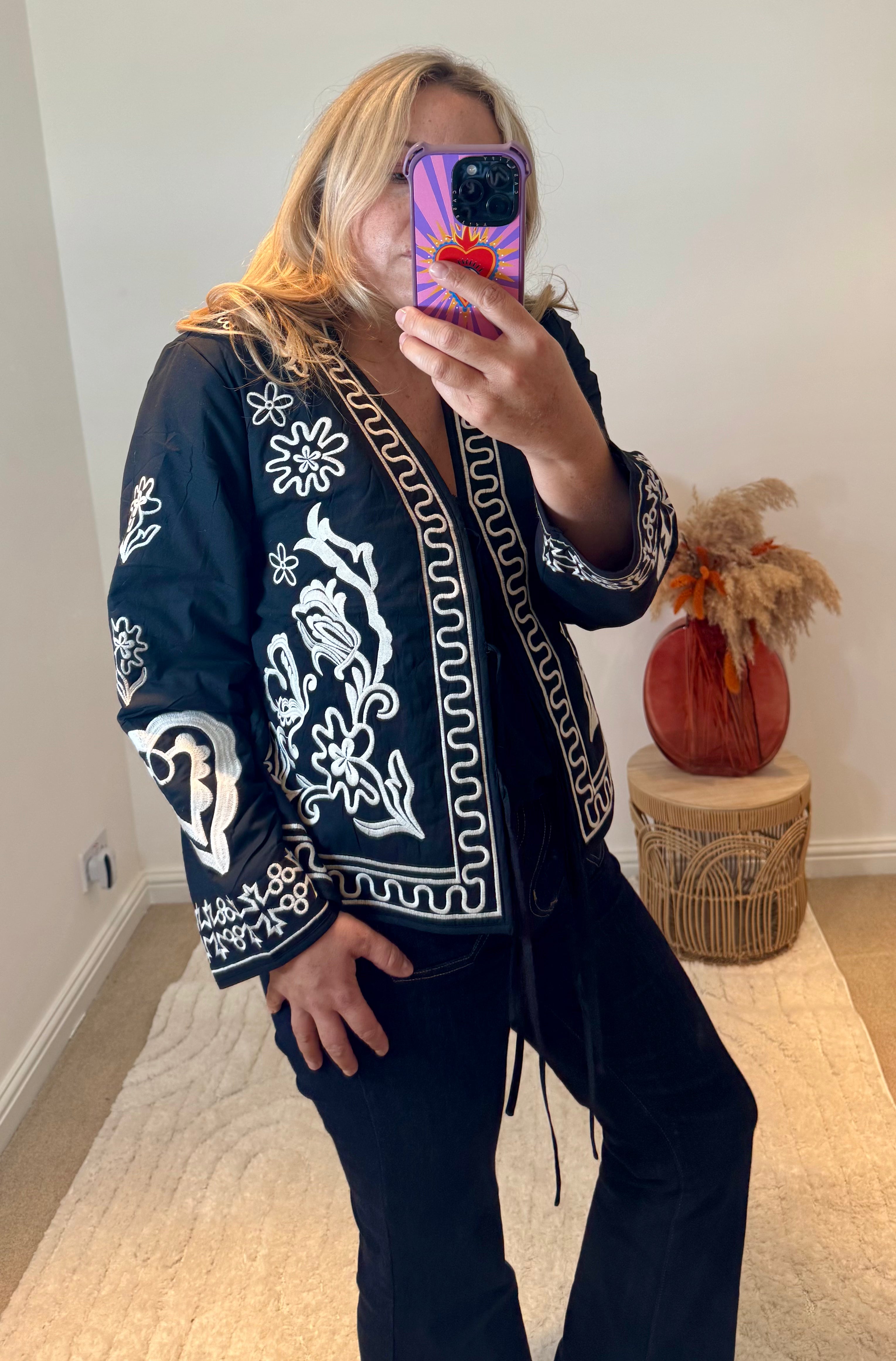 Boho Embroidered Cotton Quilted Tie Jacket | Black