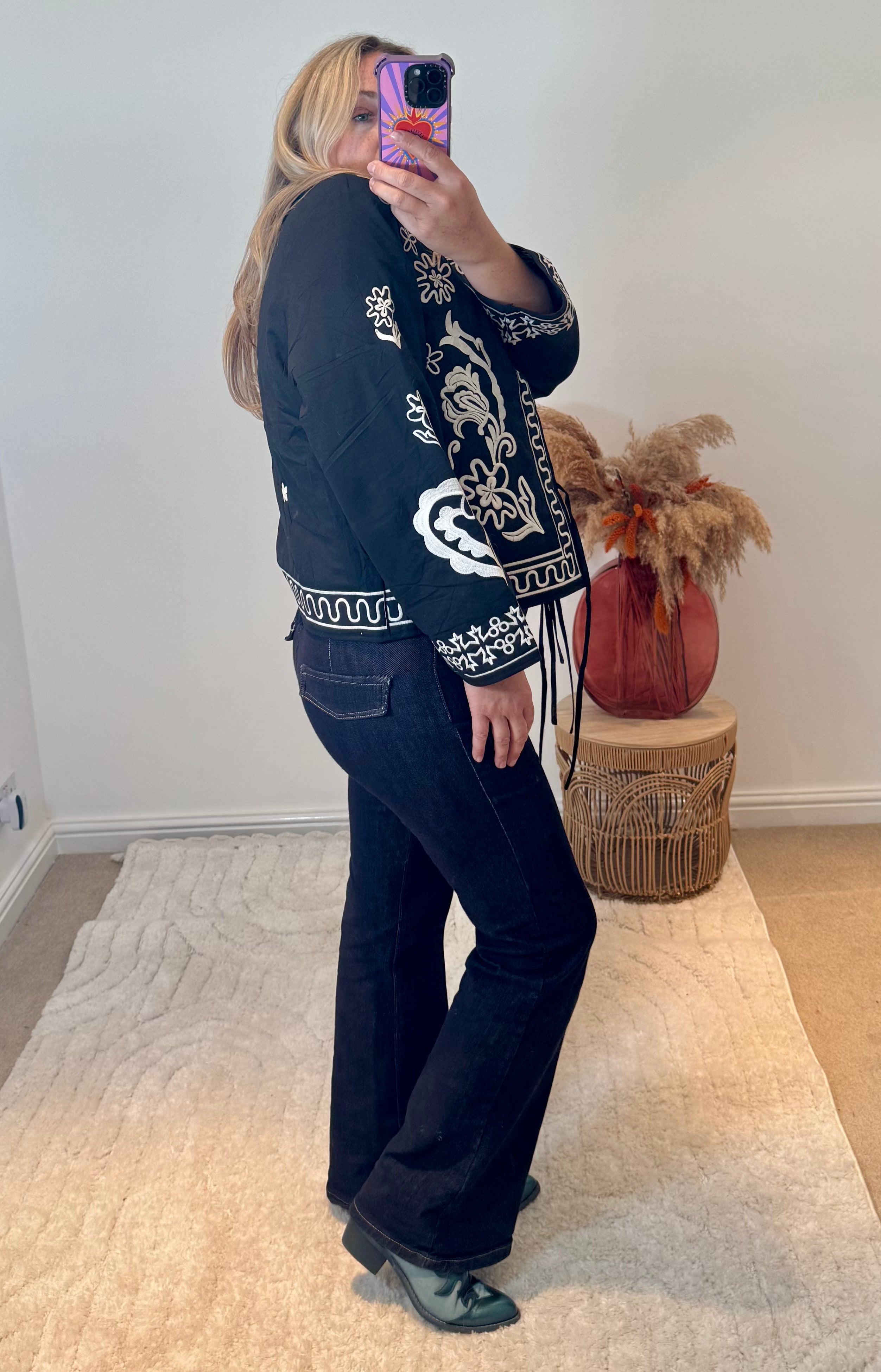 Boho Embroidered Cotton Quilted Tie Jacket | Black