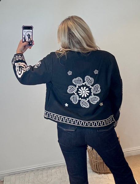 Boho Embroidered Cotton Quilted Tie Jacket | Black