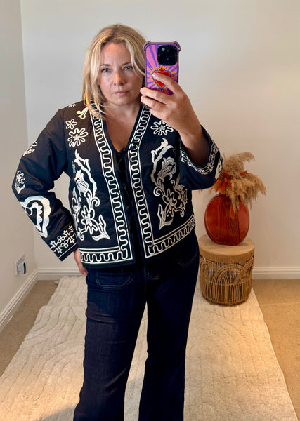 Boho Embroidered Cotton Quilted Tie Jacket | Black
