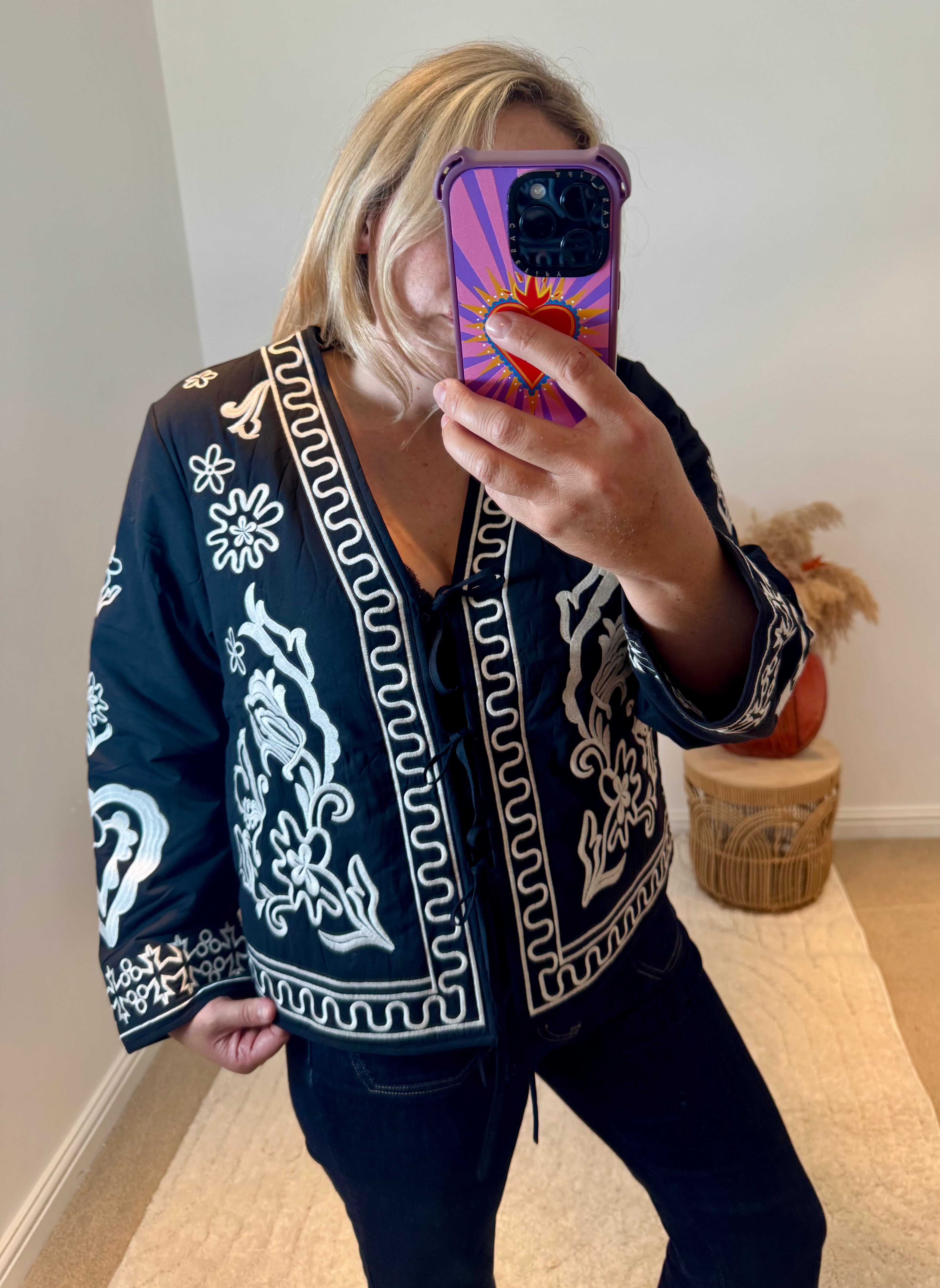 Boho Embroidered Cotton Quilted Tie Jacket | Black