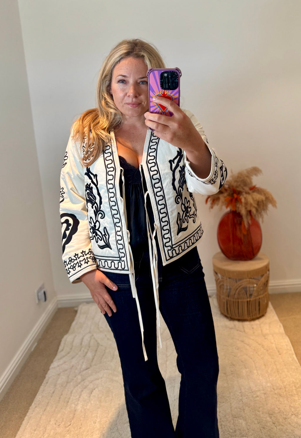 Boho Embroidered Cotton Quilted Tie Jacket | Cream