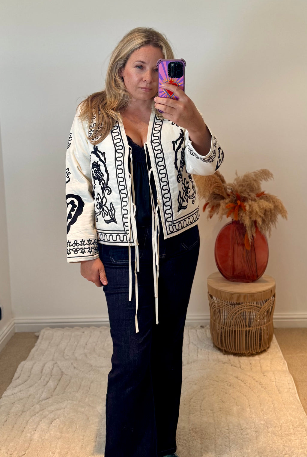 Boho Embroidered Cotton Quilted Tie Jacket | Cream