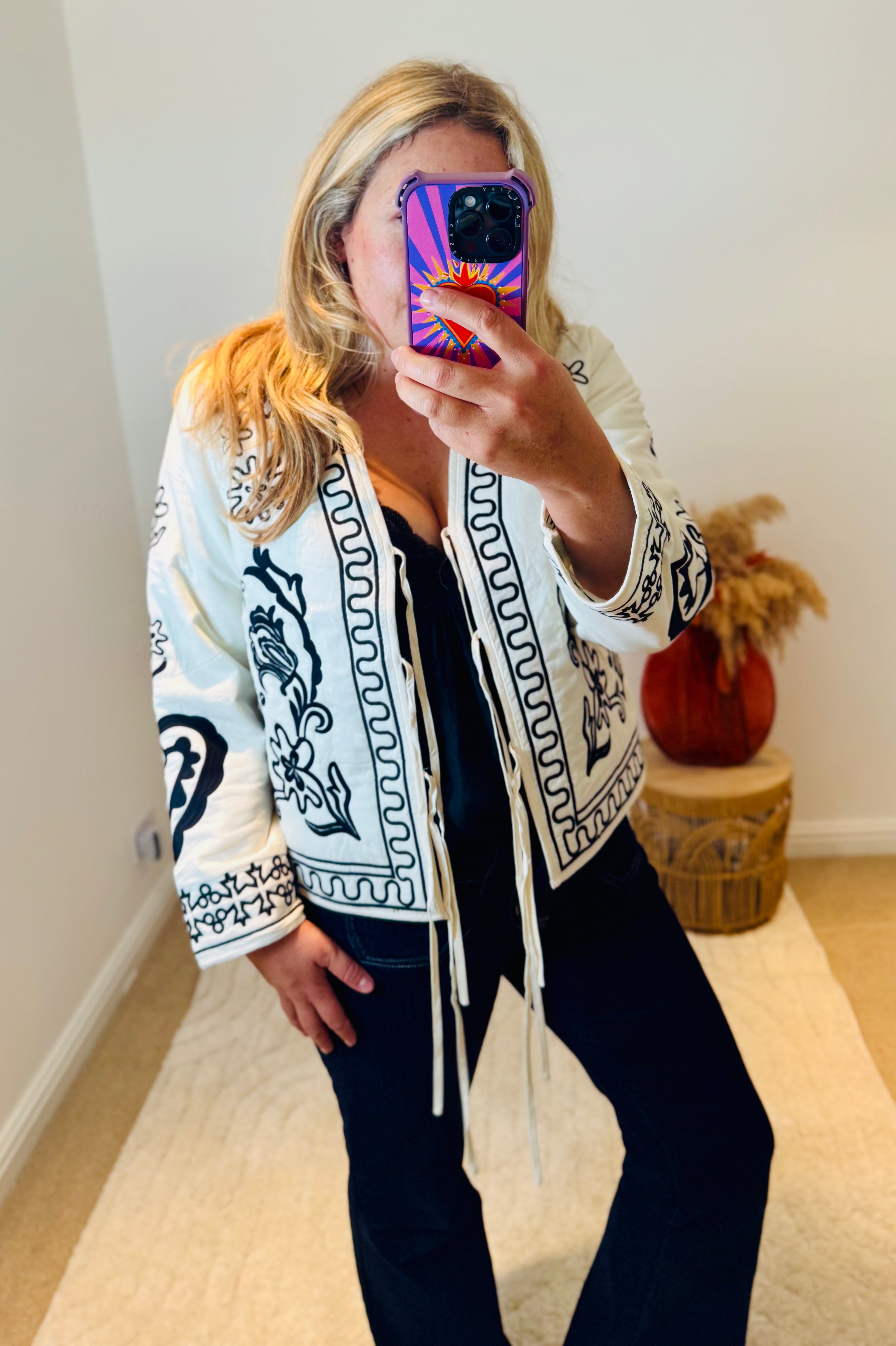 Boho Embroidered Cotton Quilted Tie Jacket | Cream