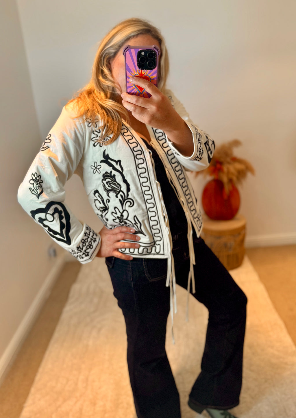 Boho Embroidered Cotton Quilted Tie Jacket | Cream