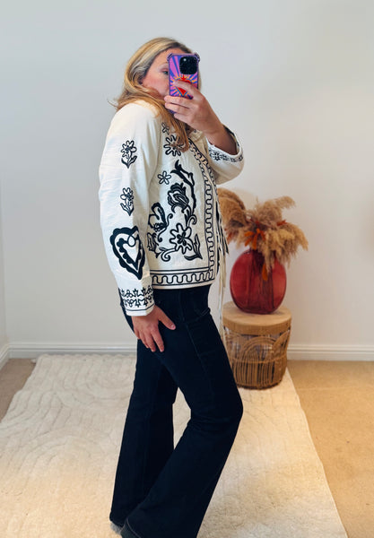 Boho Embroidered Cotton Quilted Tie Jacket | Cream