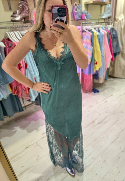Satin Lace Detail Slip Dresses | Green