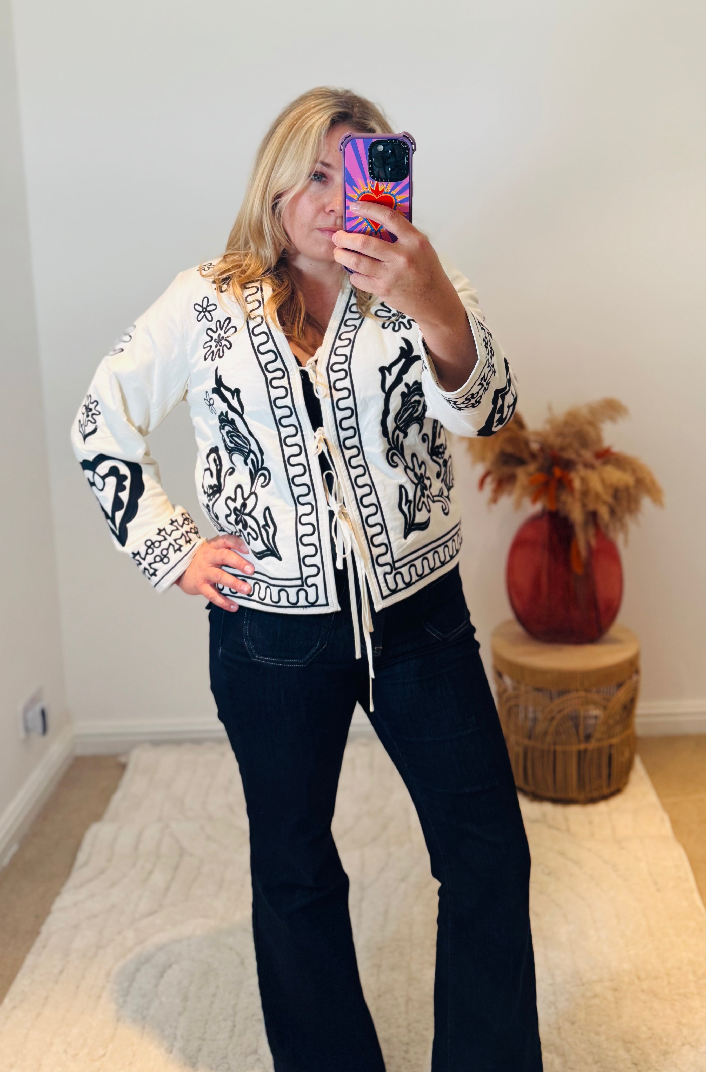 Boho Embroidered Cotton Quilted Tie Jacket | Cream