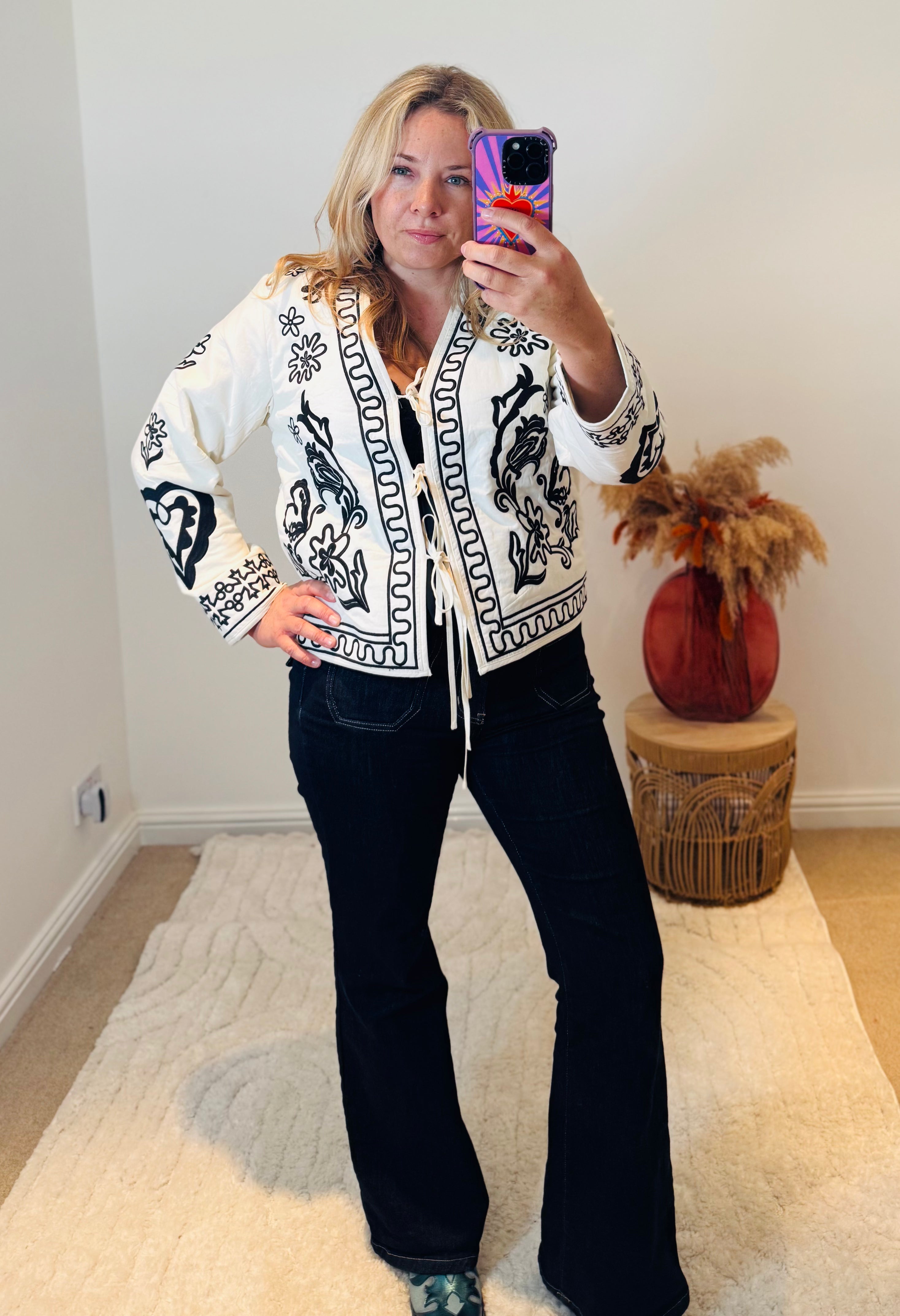 Boho Embroidered Cotton Quilted Tie Jacket | Cream