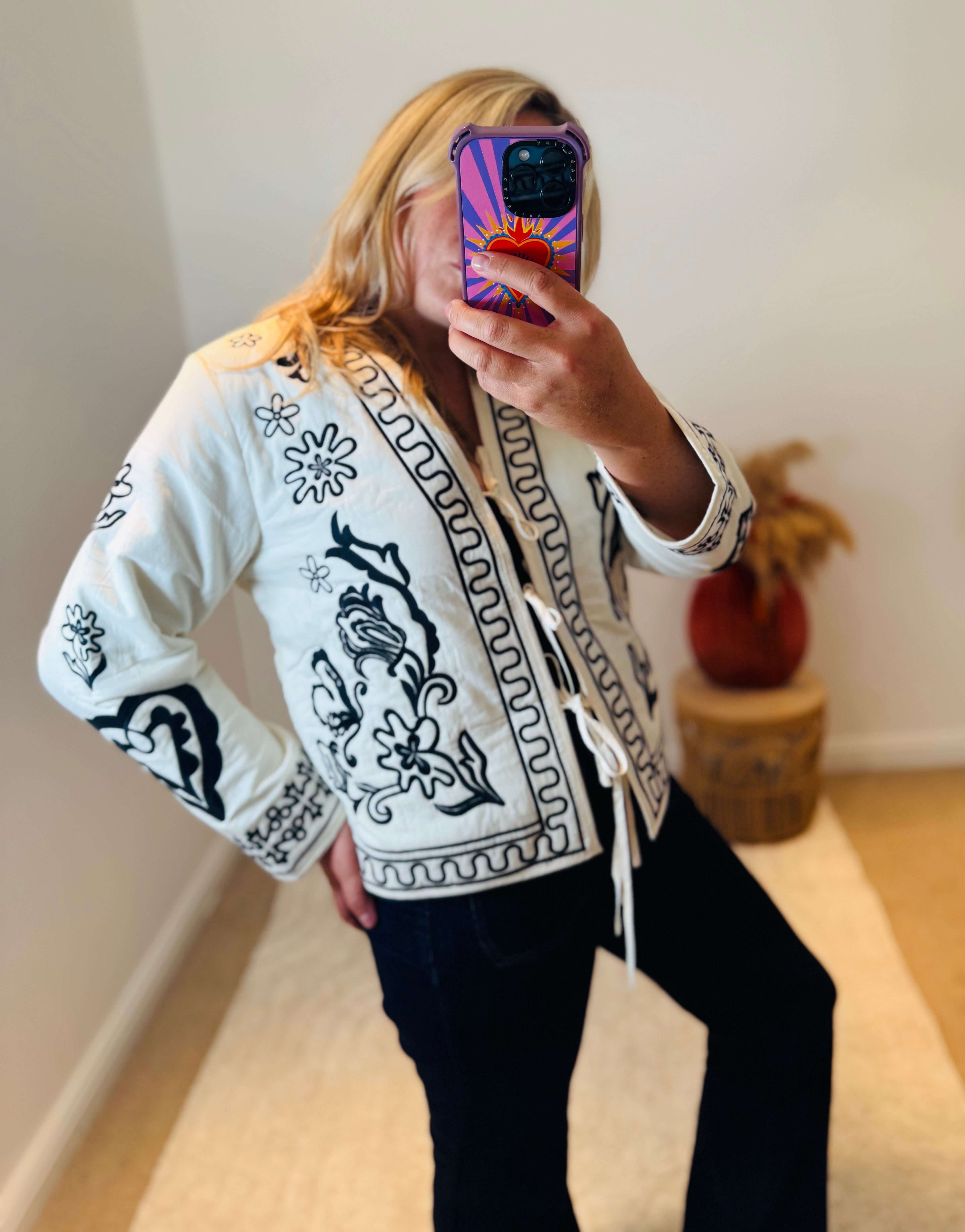 Boho Embroidered Cotton Quilted Tie Jacket | Cream