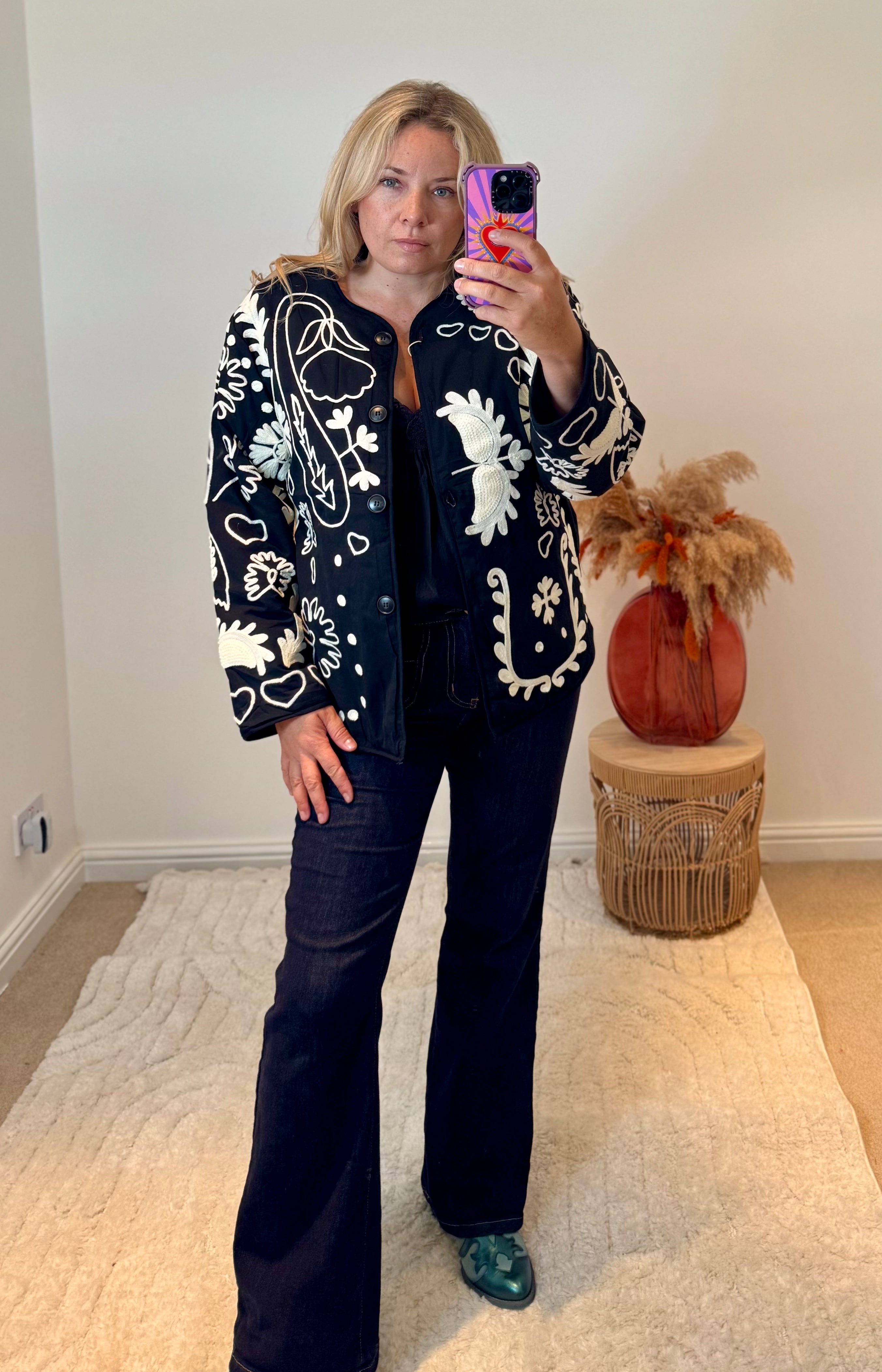 Boho LOVE Embroidered Cotton Quilted Button Front Jacket | Black