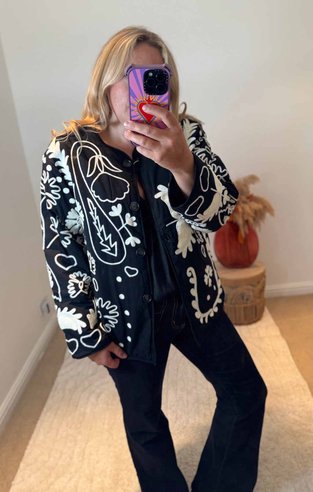 Boho LOVE Embroidered Cotton Quilted Button Front Jacket | Black